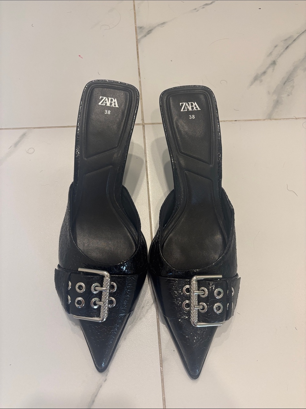 ZARA Black Pointed Buckle Mules